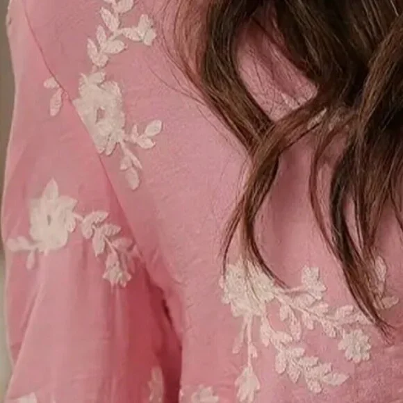 Bestselling Pink Casual Women's Embroidered Ruffle Hem Blouse top - Picture 6 of 6